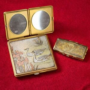Vintage Swan Powder Compact & Pill Box Set | Gold Tone Vanity Accessories